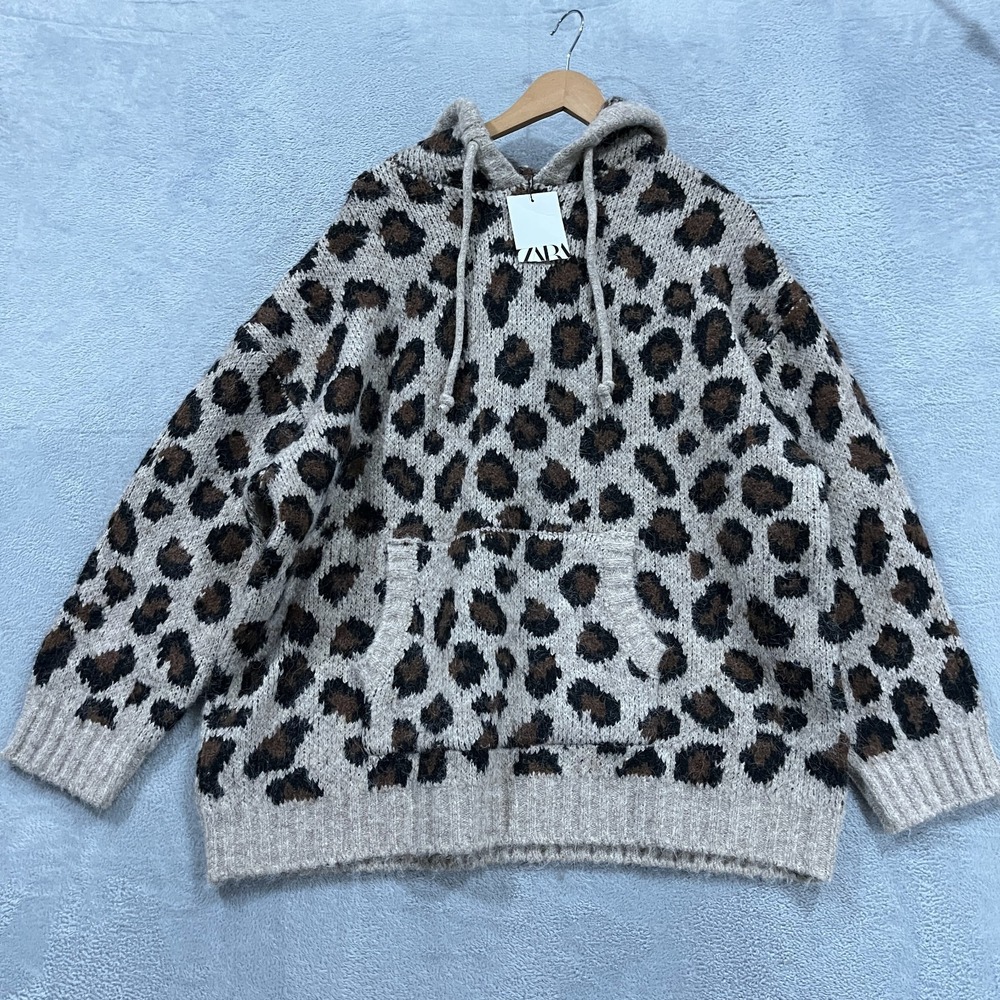 Zara Hoodie Womens M-L Sweater Animal Print Jacquard Knit Boho Leopard Pullover